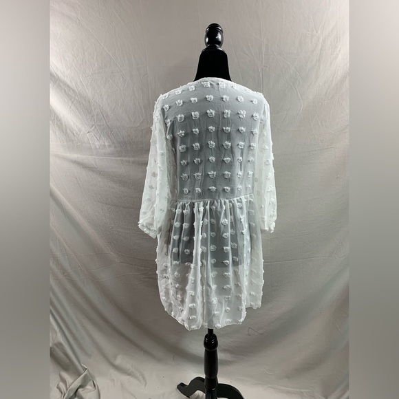 White Swiss Dot Open Front Asymmetrical Hem Shirt - Picture 12 of 12